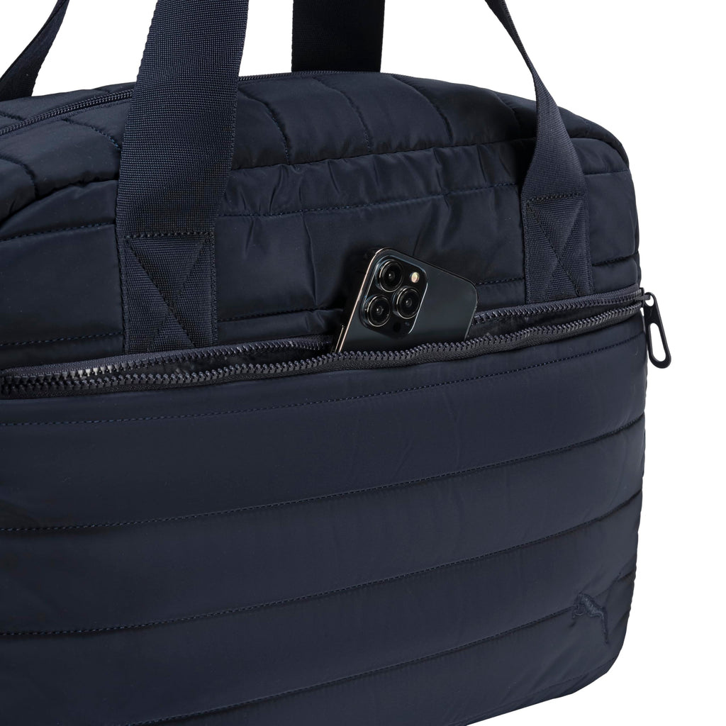 PUMA Isla Carryall, Trendy Weekender with Shoe Pocket, Removable Strap & Quilted Style, New Navy