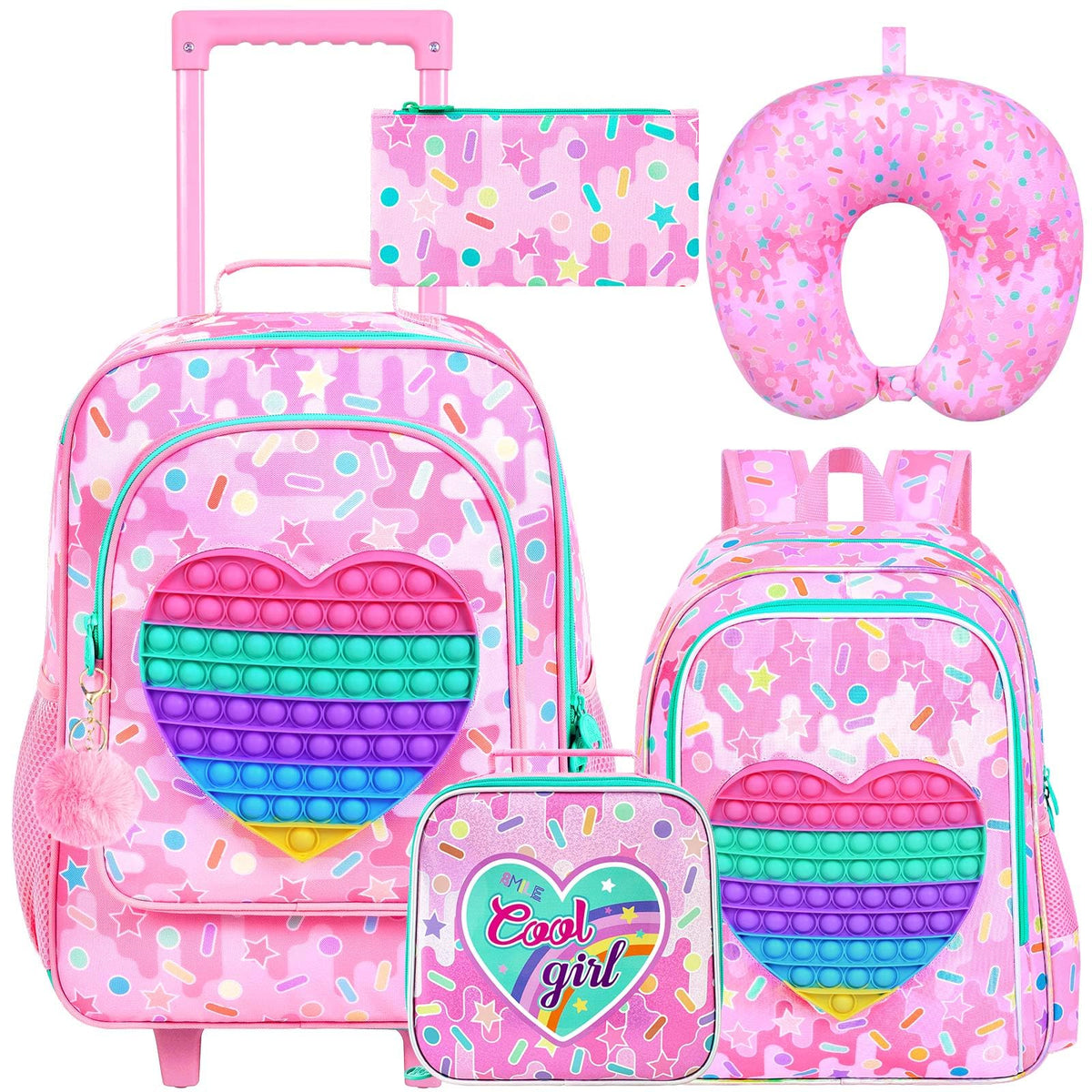 WZLVO 5PCS Kids Luggage for Girls - Cute Love Rolling Suitcase with Wheels, Travel Carry-On for Toddlers & Children