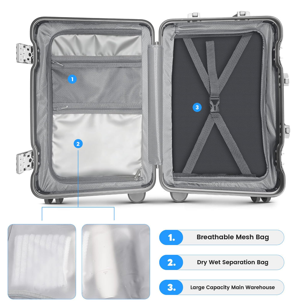 TIYFIY 20 Inch Carry on Luggage with Cup Holder, Airline Approved 22x14x9 Aluminum Frame PC Hard Shell Suitcase, 360° Spinner Wheels, TSA Lock for Short Trips and Business Travel