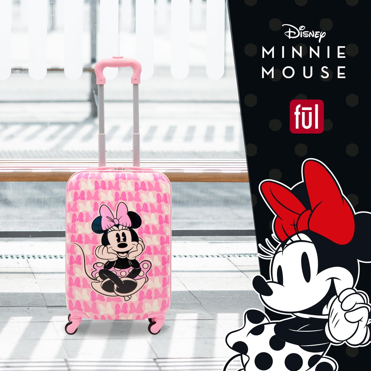 FUL Disney Minnie Mouse 21 Inch Kids Carry On Luggage, Hardshell Rolling Suitcase with Spinner Wheels, Pink-Bows