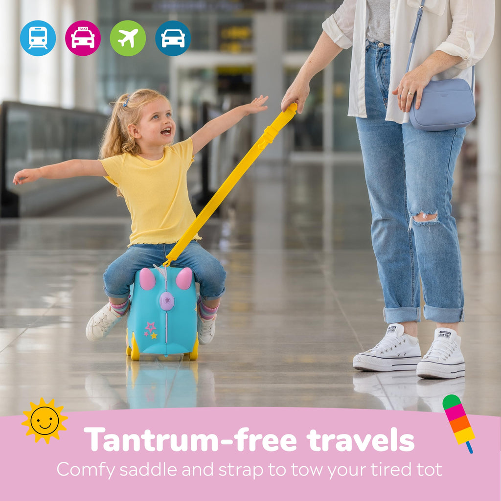 Trunki Ride-On Kids Suitcase | Tow-Along Toddler Luggage | Carry-On Cute Bag with Wheels | Kids Luggage and Airplane Travel Essentials: Una Unicorn Turquoise
