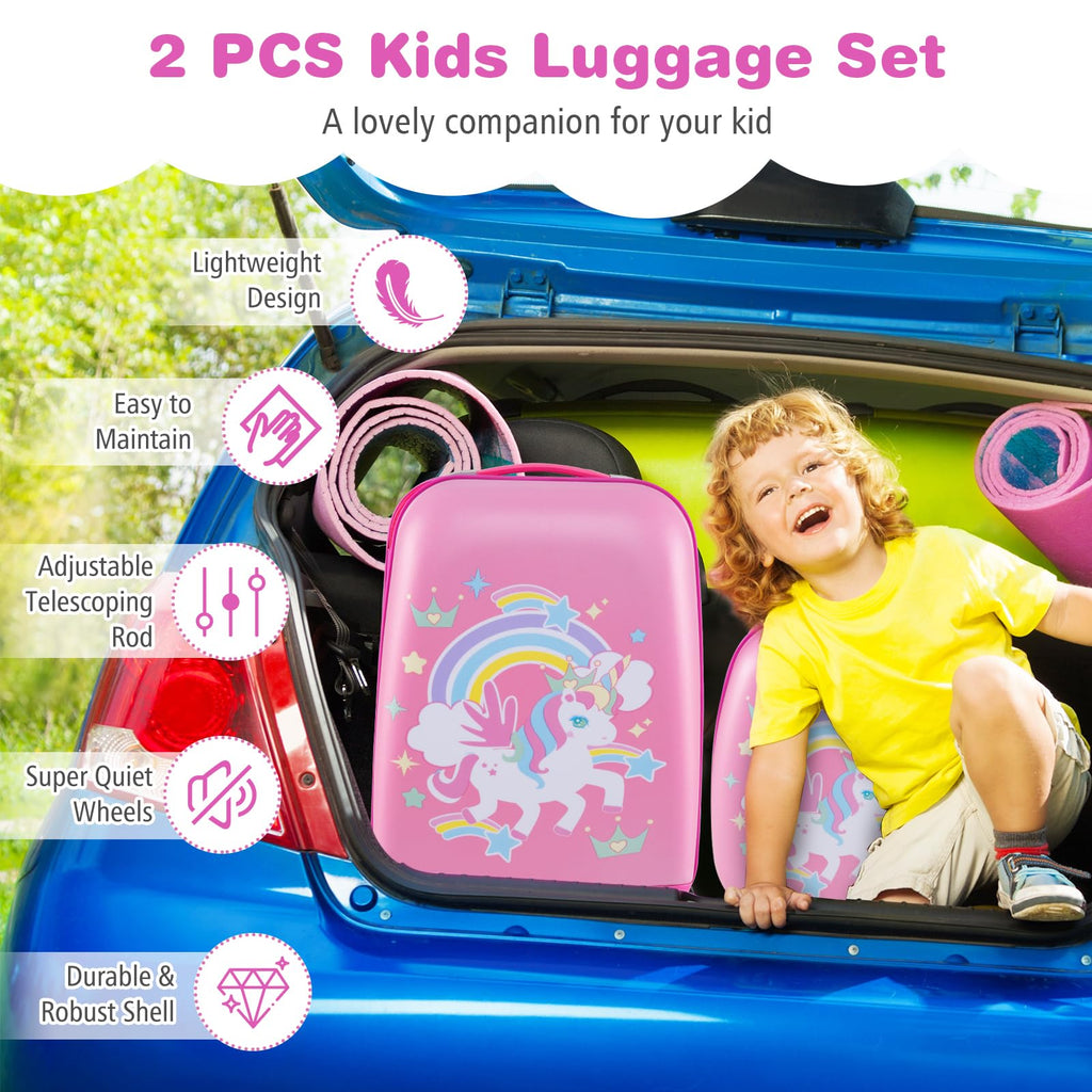 Goplus 2PC Kids Luggage, 12" & 16" Kids Carry On Luggage Set with 4 Spinner Wheels, Lightweight Rolling Spinner Suitcase for Children Toddlers Boys and Girls Travel (Rose Unicorn)