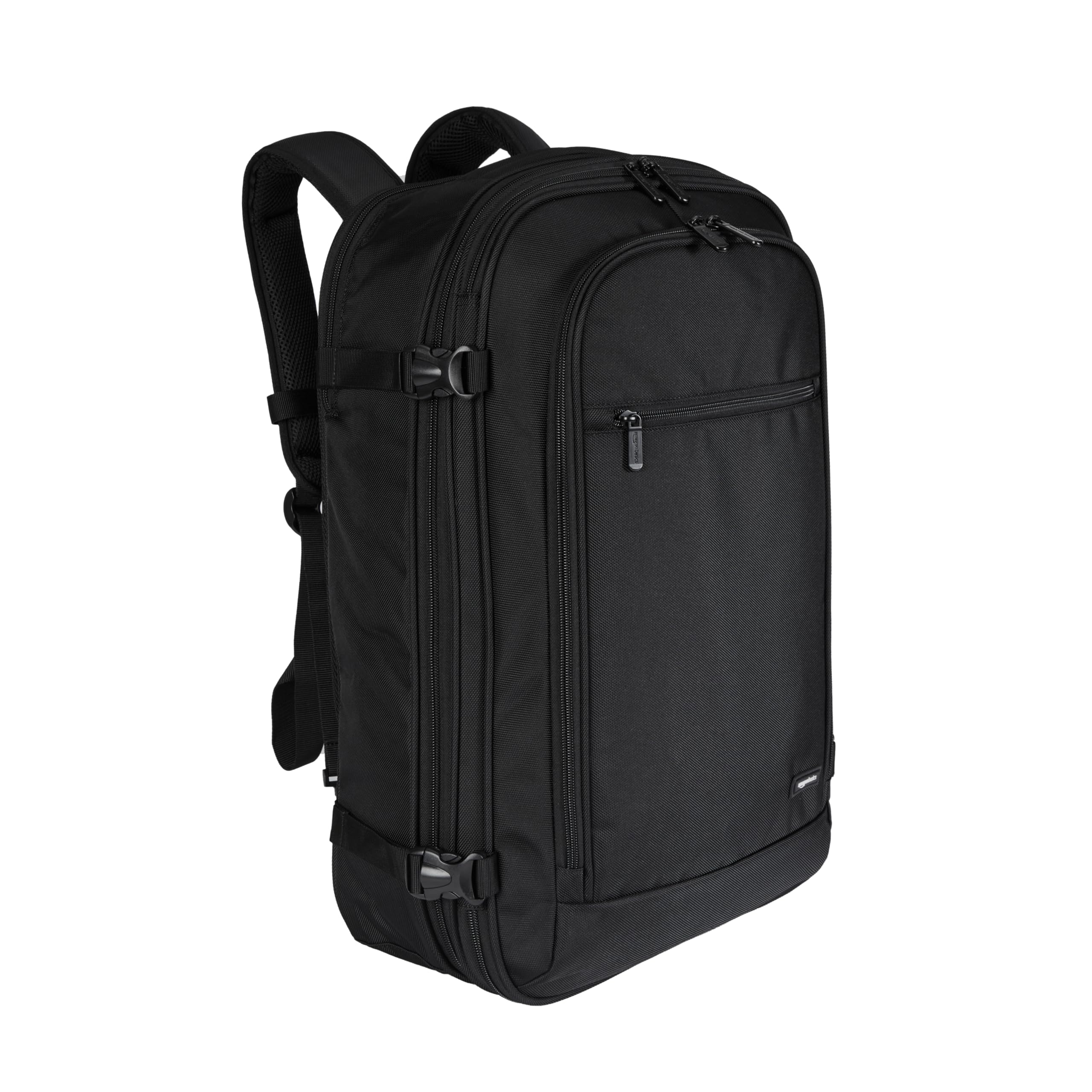 Amazon Basics Travel Backpack, Carry-On with Laptop Compartment, 40L Capacity, Expandable for 10% Extra Space, Convertible Backpack & Shoulder Bag, Multiple Pockets, 15.8"W x 21.5"H x 8.3"D, Black