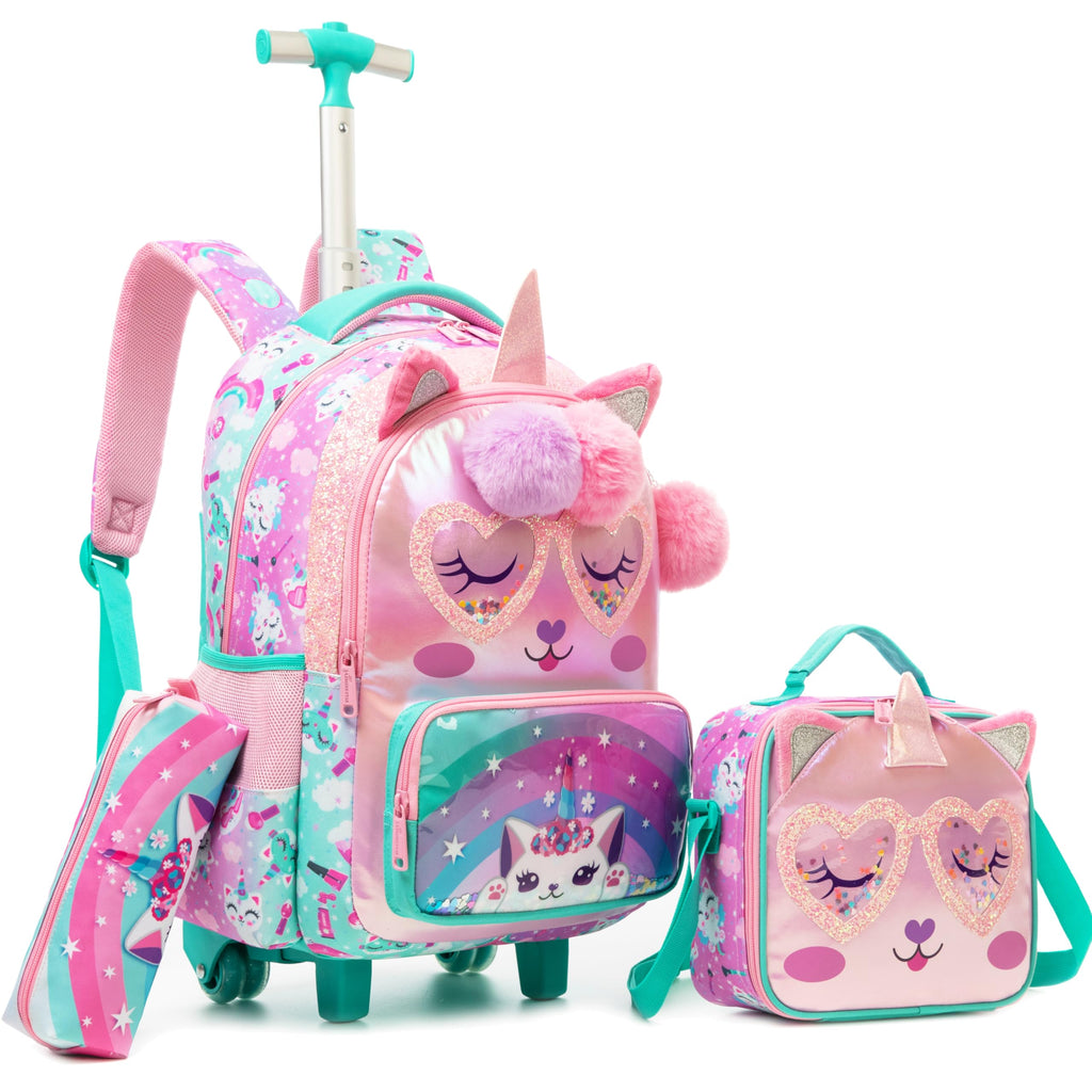 Meetbelify Kids Unicorn Rolling Backpack with Wheels for Girls Elementary Students Kids Travel Luggage Carry on School Backpack for Girls Ages 6-8