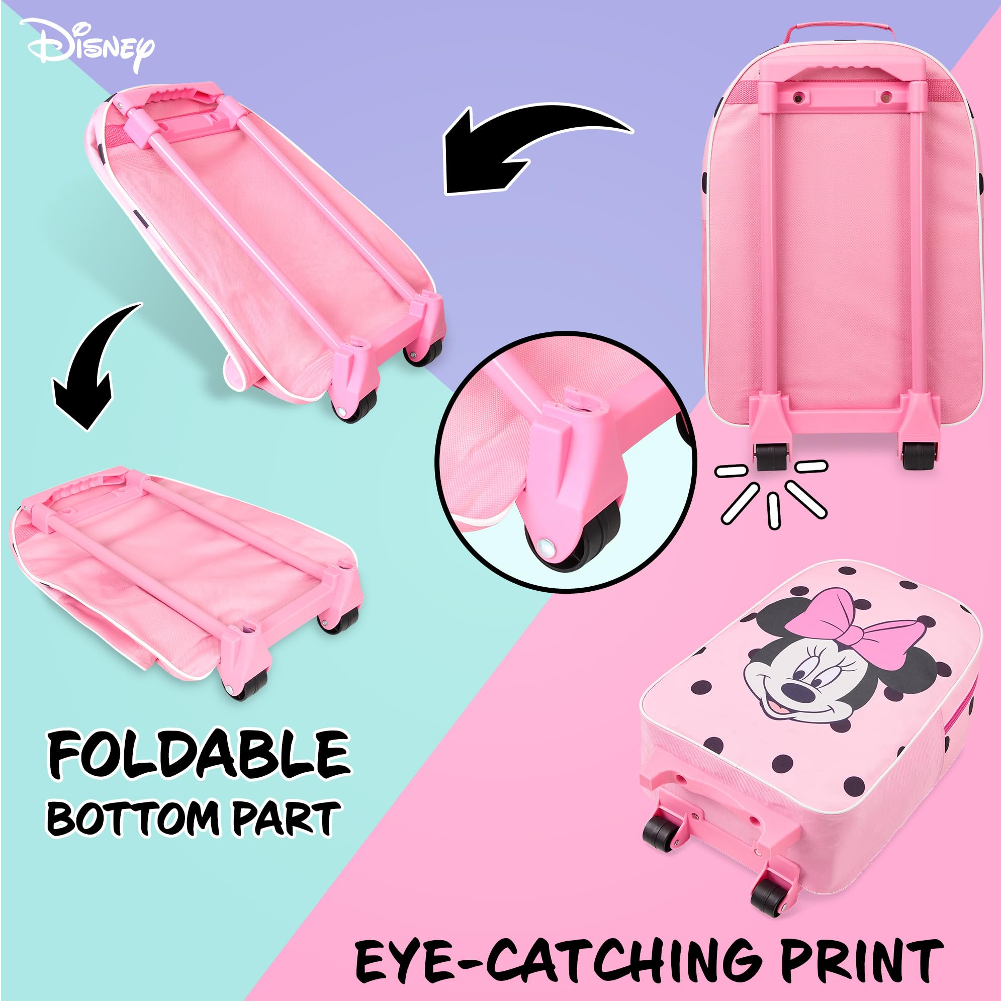 Disney Kids Rolling Luggage 16×11 in, 16‑L Carry‑On Suitcase with Wheels, Foldable Lightweight Travel Bag, Gifts for Kids (Pink Minnie)