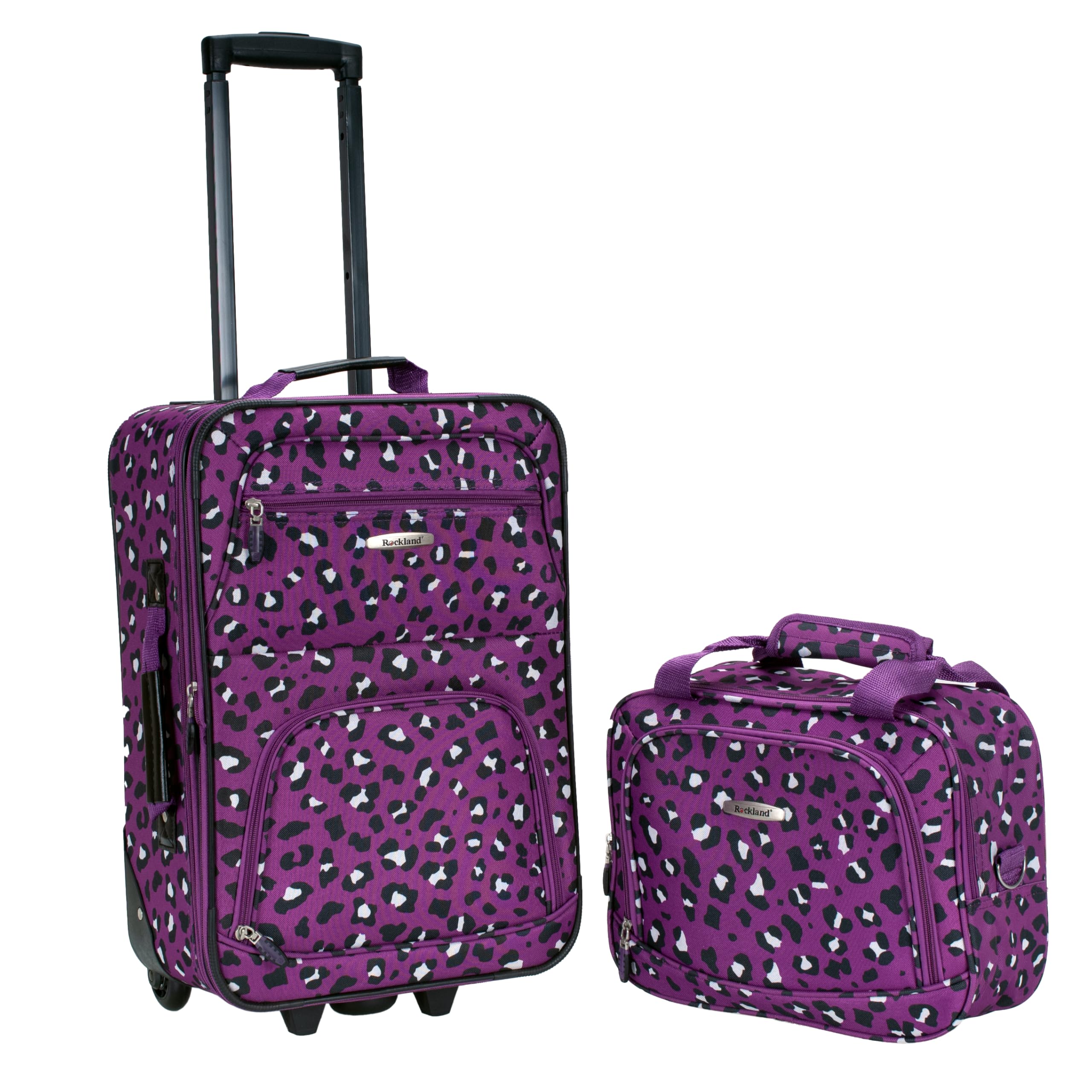 Rockland Fashion Softside Upright Luggage Set, Expandable,Telescopic Handle,Wheel, Purple Leopard, 2-Piece (14/19)
