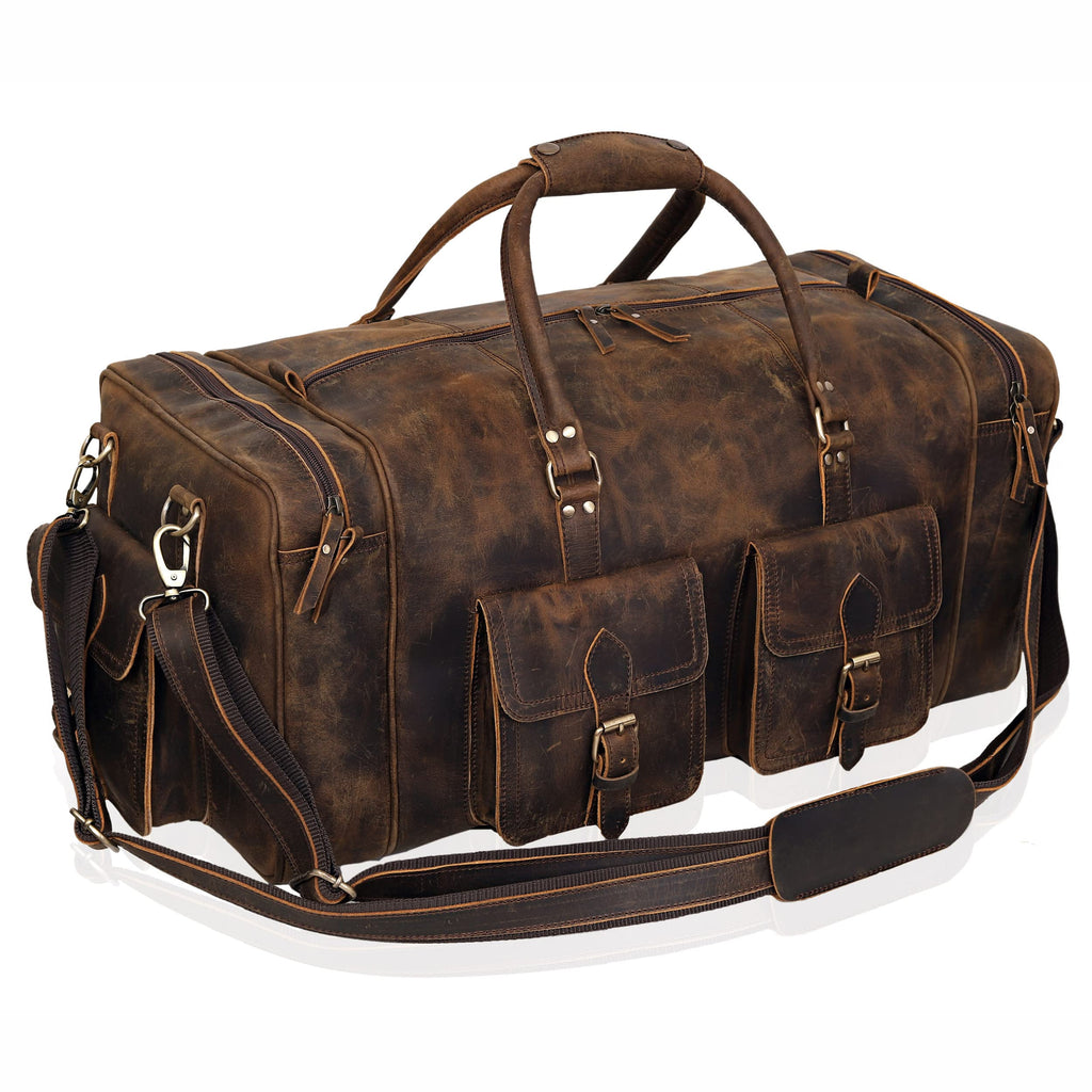 Large duffel bags for men holdall leather travel bag overnight gym sports weekend bag (BROWN, 32" XX-Large)