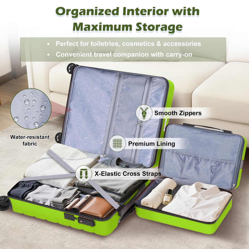 AnyZip Suitcase, 20" Carry On Luggage 14" Mini Cosmetic Cases Luggage Sets Hardside PC ABS Lightweight USB Suitcase with Wheels TSA (2 Piece Set 14/20, AppleGreen)