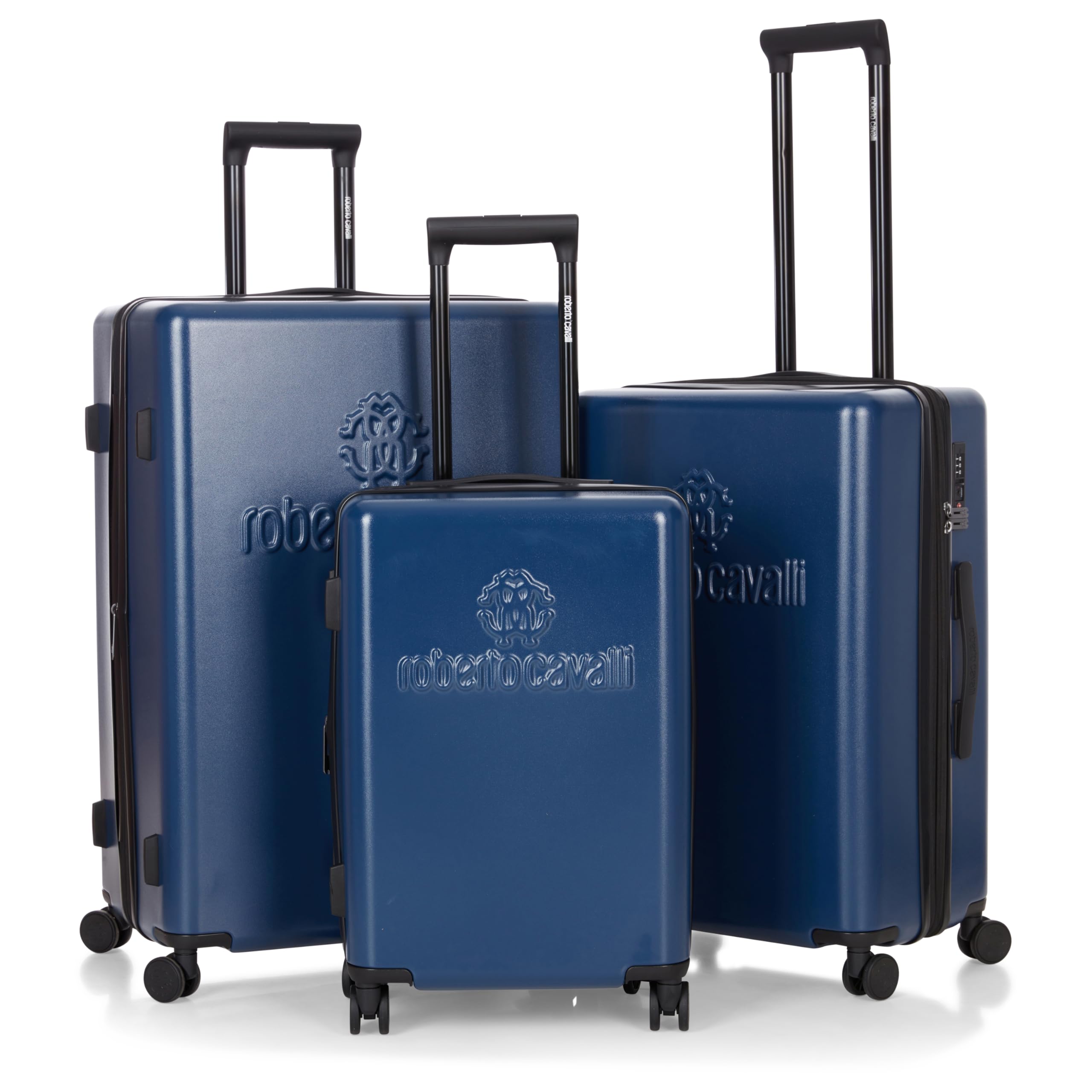 ROBERTO CAVALLI LOGO Luxury 3 Piece Luggage Set, Expandable Hard Shell Suitcases with 8 Spinner Wheels, Combination Lock Large Suitcase Set for Men and Women -Navy Blue