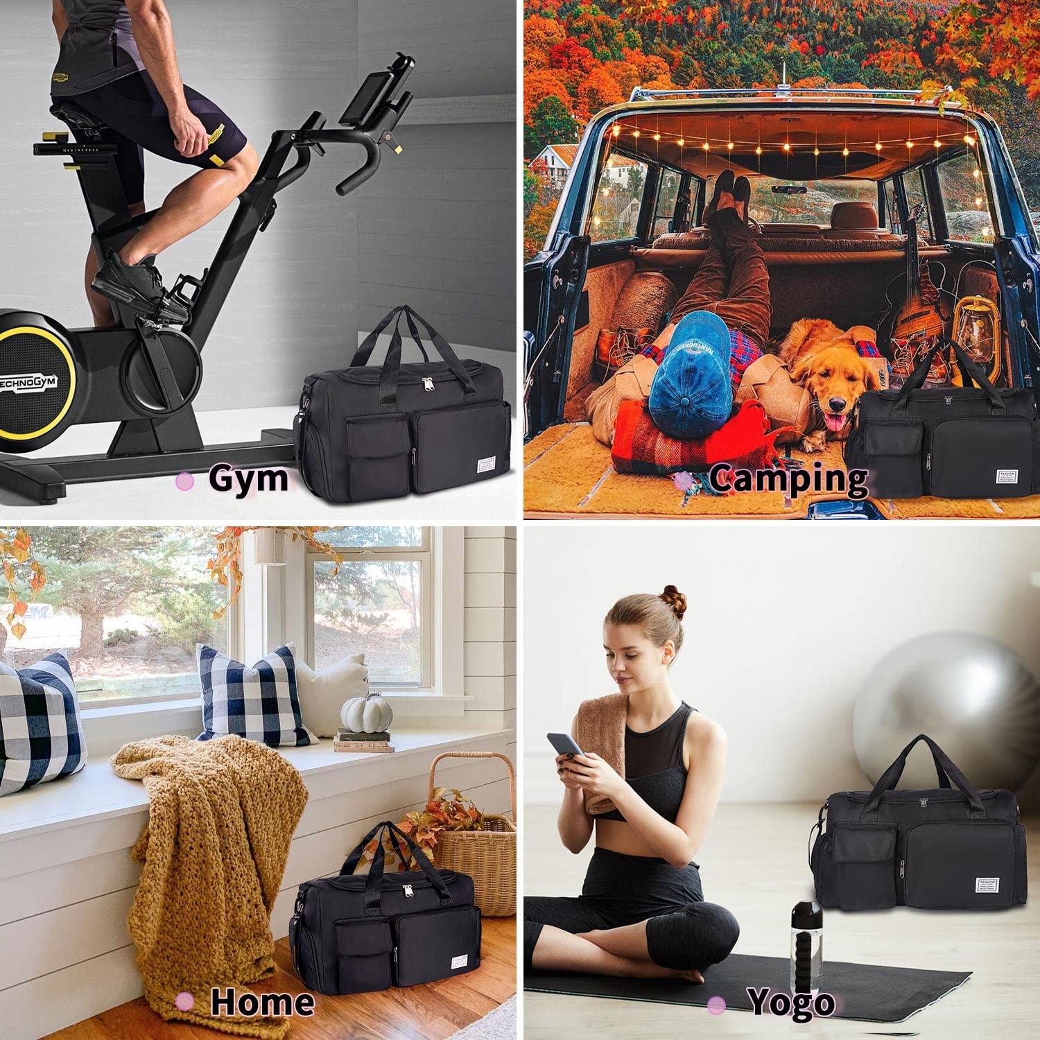 FIORETTO Women's Gym Duffle Bag with Shoes Compartment, 37L Capacity, Ideal for Travel, Gym, Sports, Duffel, Weekender, Black