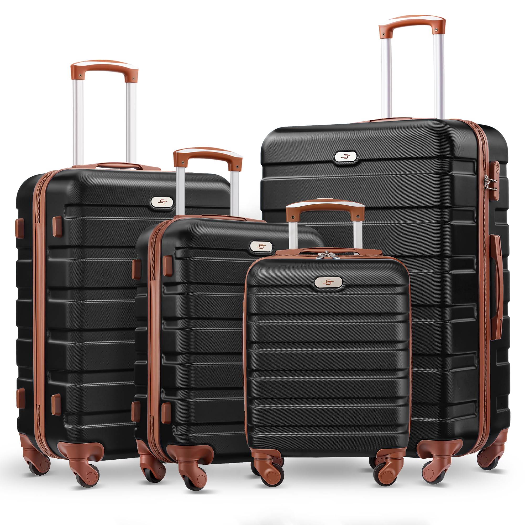 Suitour 4 Piece Luggage Sets, Hard Shell Suitcase Set with Spinner Wheels 16 20 24 28inch Travel Sets(Black Tan)
