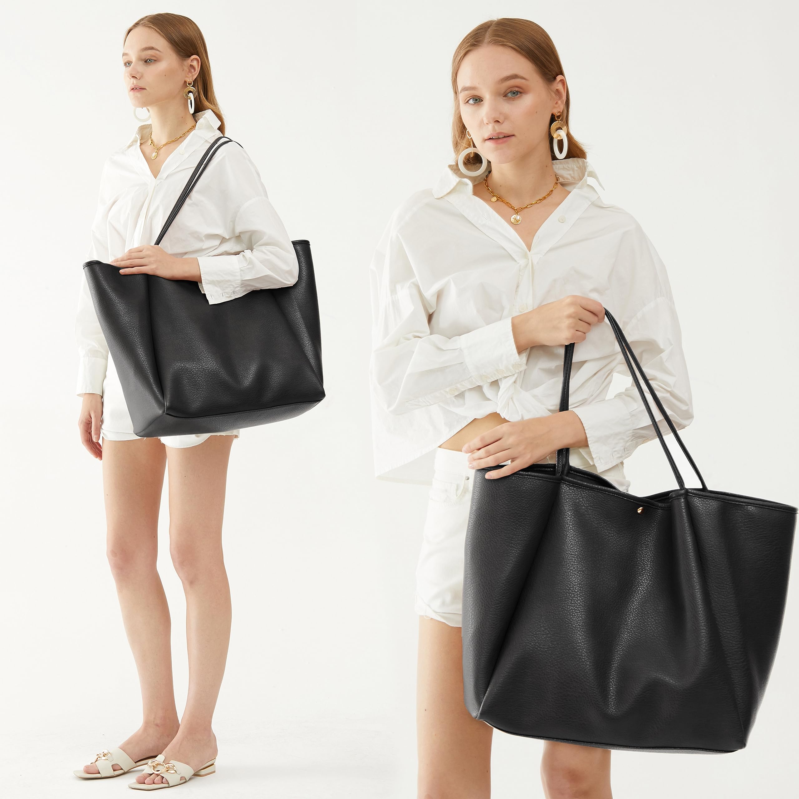 Oversize Pu Leather Tote Women Weekender Bag Shopper Handbag Travel Purse (Black)
