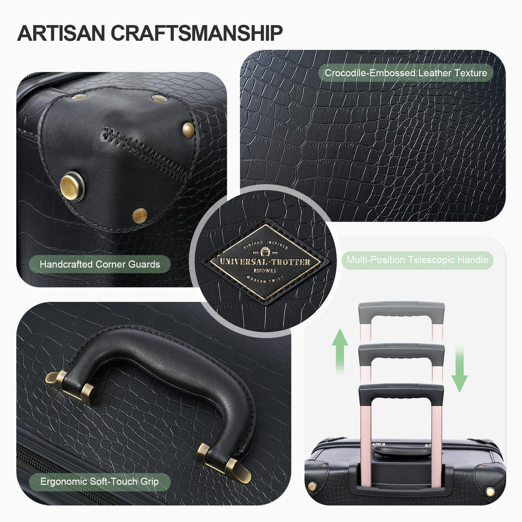 universal trotter 3-Piece High-Capacity Lightweight Vintage PU Leather Hardshell Luggage Set (20/24/28 Carry-on & Checked), Water-Resistant PU Trunk Style, 360° Spinner Wheels (Jet Black)