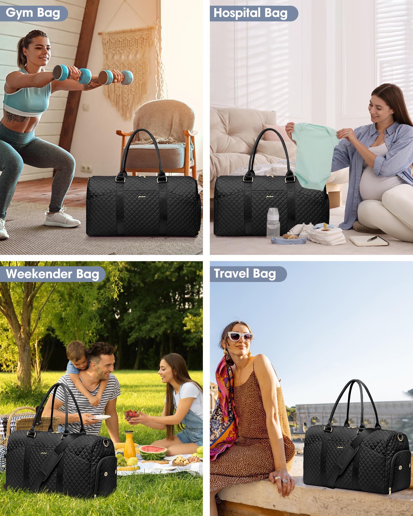 Women Weekender Travel Duffle Bag: Travel Duffel Overnight Bags with Shoe Compartment Large Carry on Tote with Toiletry Bag Weekend Traveling Yoga Gym Hospital Bag for Women with Wet Pocket Black
