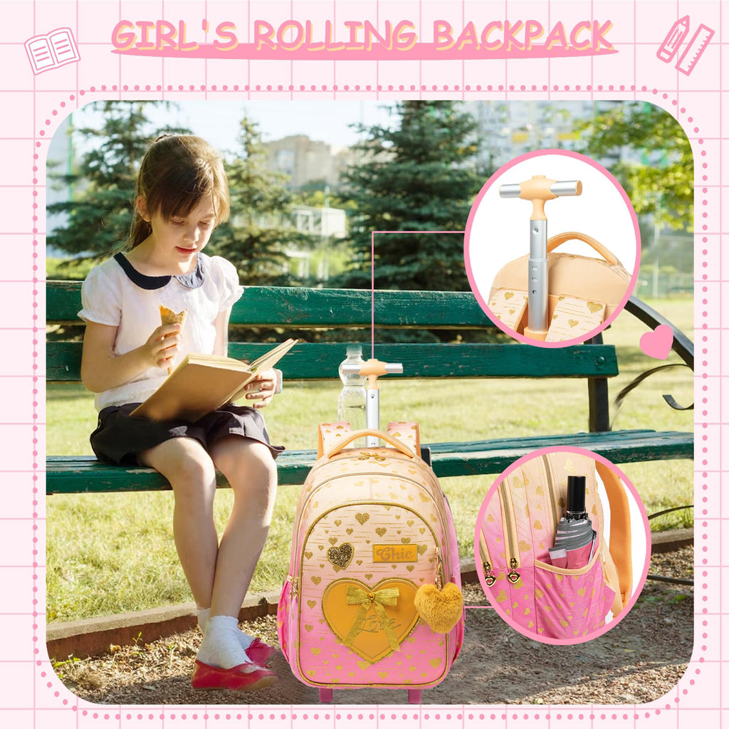 Meetbelify Rolling Backpack for Girls Kids Backpacks with Wheels for Elementary Students Girls Carry on Backpack with Lunch Box 3 in 1 Travel Suitcase Trip Luggage for Kids Ages 6-8