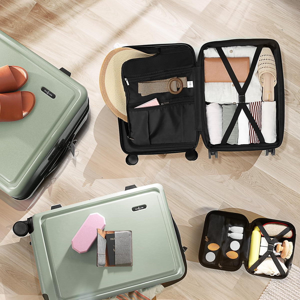 TRAVELARIM Hard Shell Luggage Sets with Spinner Wheels 4 Piece, Expandable Large Suitcases with TSA Lock, Travel Large Suitcase Set, Sage Green Luggage Set