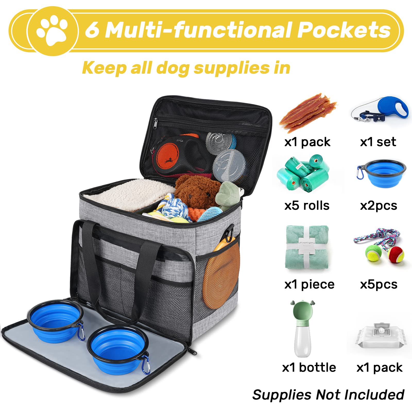 Abrimelodi 6 Set Dog Travel Bag, Large Pet Travel Kit for Supplies Includes 2 Food Containers, 1 Pet Organizer for Dogs, 2 Collapsible Bowls, 1 Treat Pouch, Dog Weekend Overnight Bag Luggage