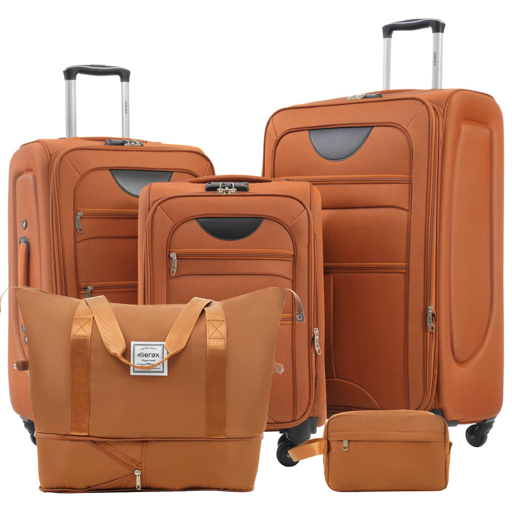 Merax Softside Luggage Set, 5 Piece Expandable Travel Suitcase Set with Spinner Wheels and TSA Lock,22" 26" 30"(Orange)