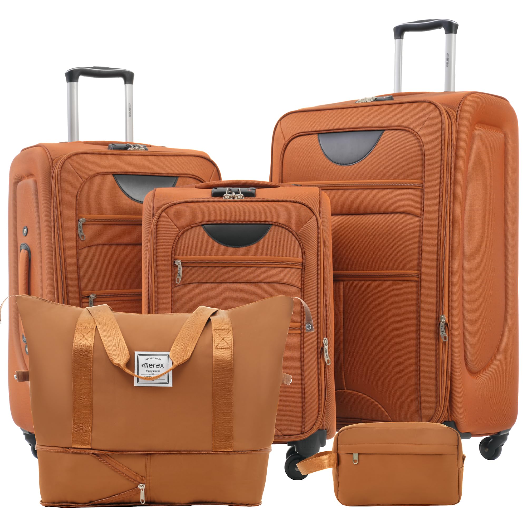 Merax Softside Luggage Set, 5 Piece Expandable Travel Suitcase Set with Spinner Wheels and TSA Lock,22" 26" 30"(Orange)