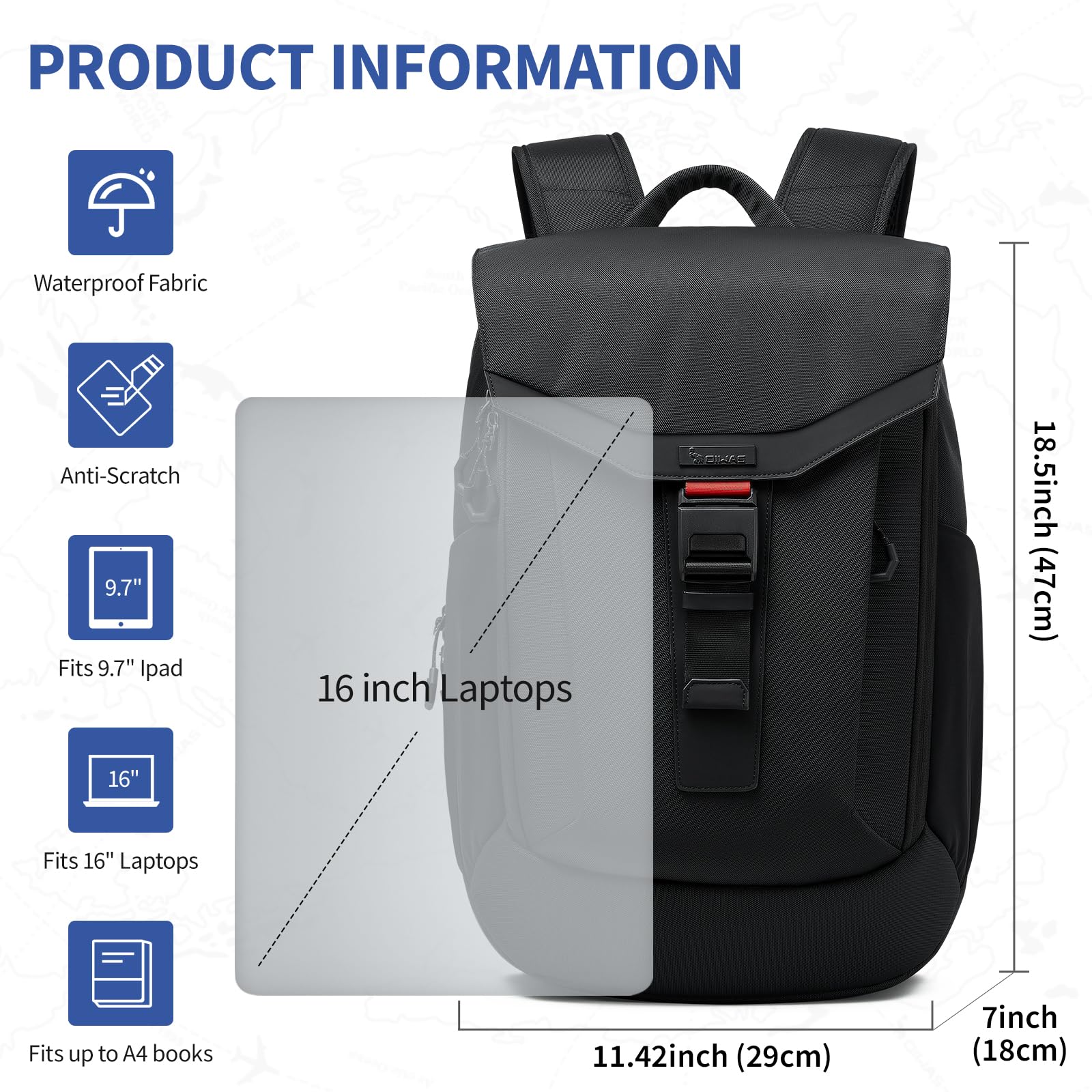 OIWAS Laptop Backpack for Men, 16 Inch Travel Laptop Backpack with Magnetic Buckle, Weight Reduction Business Backpack for Men, Water Resistant Large Back pack