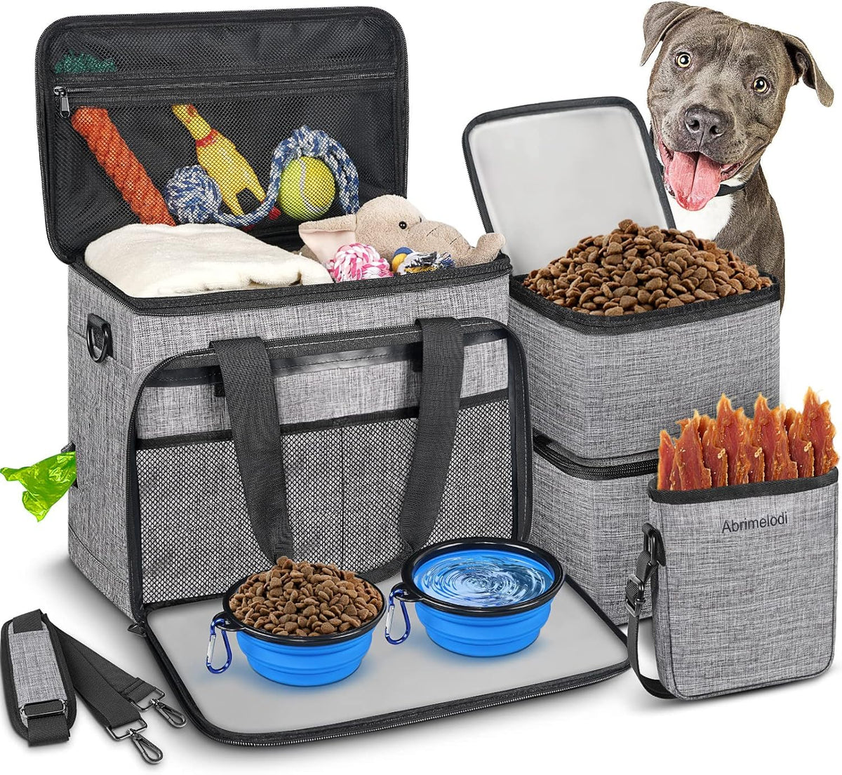 Abrimelodi 6 Set Dog Travel Bag, Large Pet Travel Kit for Supplies Includes 2 Food Containers, 1 Pet Organizer for Dogs, 2 Collapsible Bowls, 1 Treat Pouch, Dog Weekend Overnight Bag Luggage