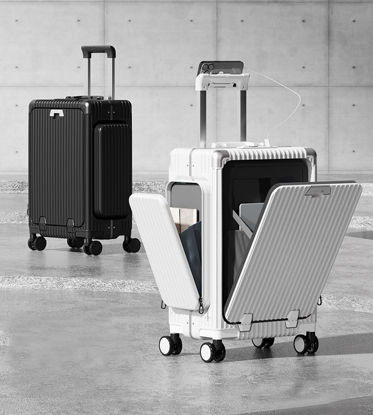 feilario 20in Aluminum Frame PC Carry On Luggage Tri-Zone Access Hard Shell Brake Wheels Suitcase with Cup Holder, Phone Holder, TSA Approved Lock (White, 20.8")