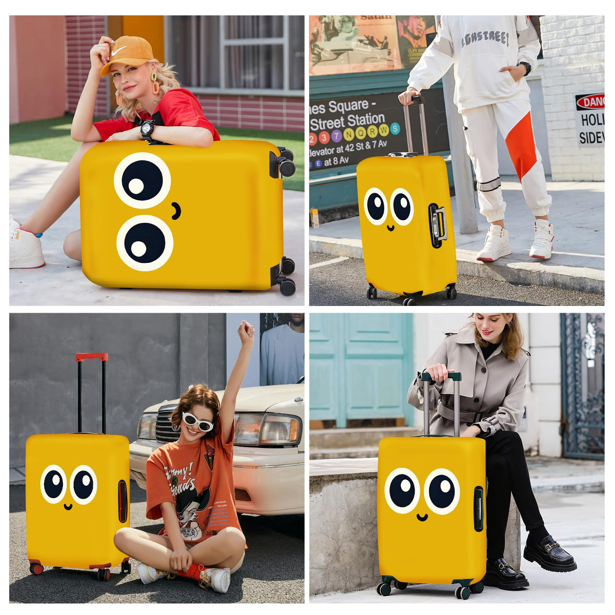 ANNA QUEEN Cute Smiley Face Luggage Cover, Yellow Cartoon Suitcase Protector with Big Eyes Design, Stretchable, Washable Travel Cover for 28-30 Inch Luggage