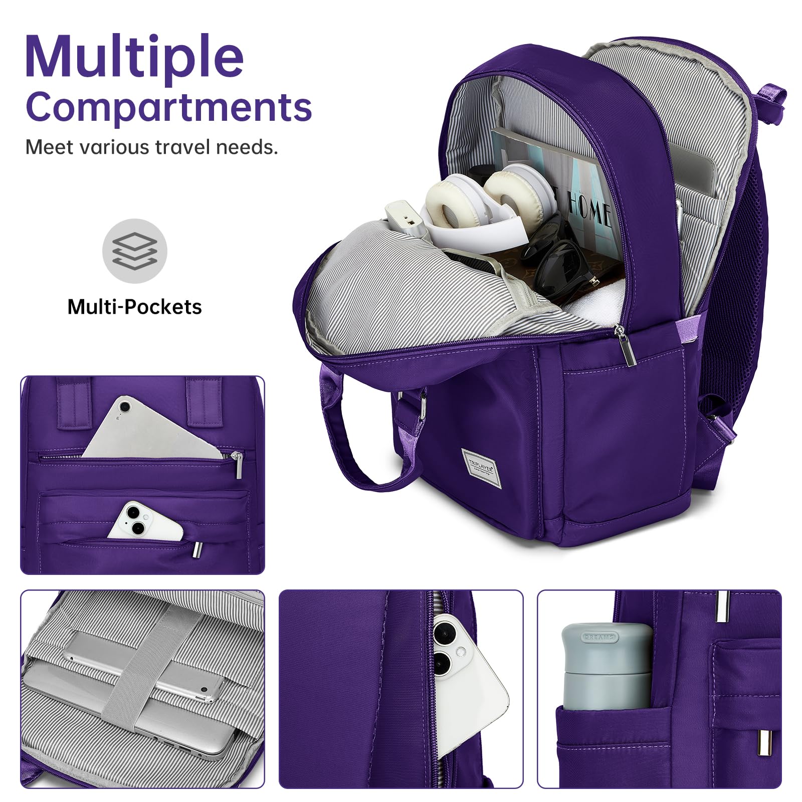 TRIPLAYER Luggage Sets 5 Pieces, PP Hardshell Suitcase Set with Spinner Wheels, Suitcases for Women (Purple)