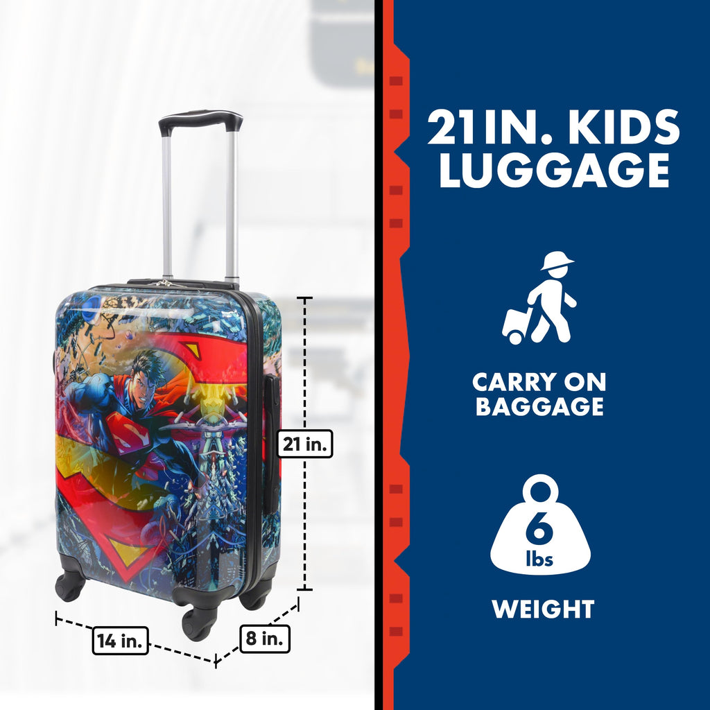 FUL DC Comics Superman 21 Inch Kids Carry On Luggage, Hardshell Rolling Suitcase with Spinner Wheels, Multi