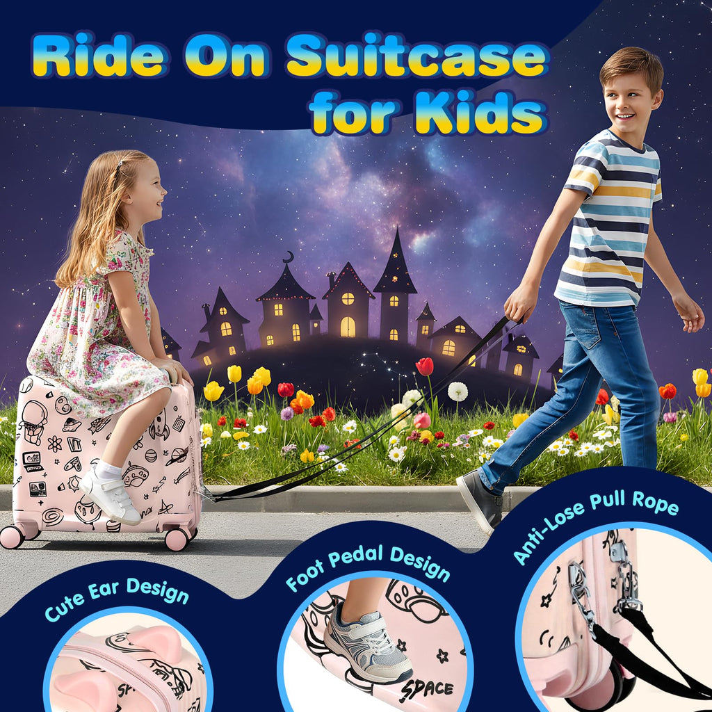 Kids Ride-On Suitcase with Cute Ears, DIY Graffiti Coloring Design, 20" Carry-On Luggage with 4 Spinner Wheels, Pull Rope & Combination Lock – Rideable Travel Case for Toddlers & Children(Pink)