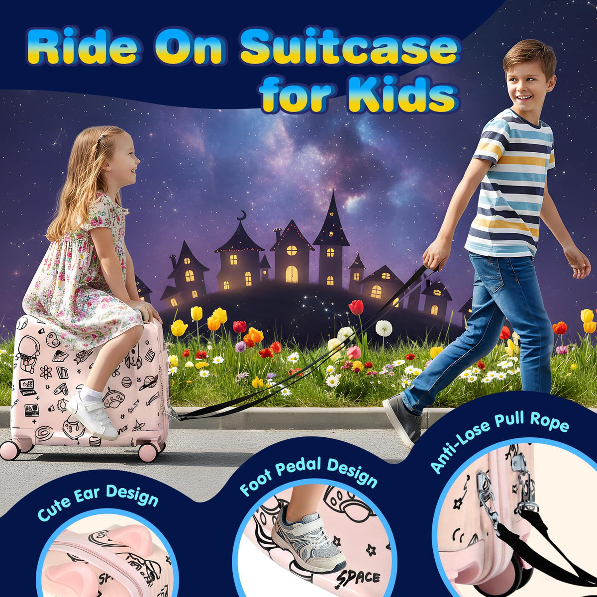 Kids Ride-On Suitcase with Cute Ears, DIY Graffiti Coloring Design, 20" Carry-On Luggage with 4 Spinner Wheels, Pull Rope & Combination Lock – Rideable Travel Case for Toddlers & Children(Pink)