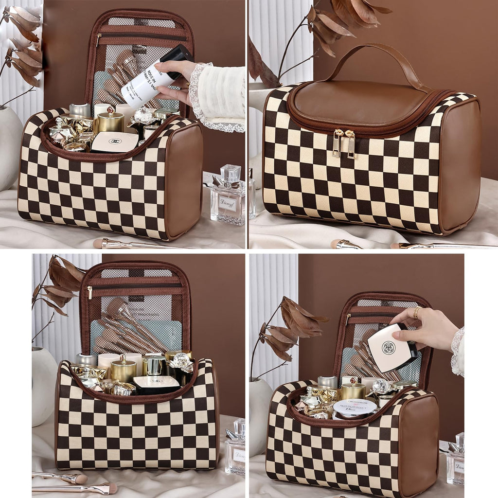 FEEZUSH Makeup Bag, Travel Portable Checkered Pattern Cosmetics Skincare Storage Bag (Brown)