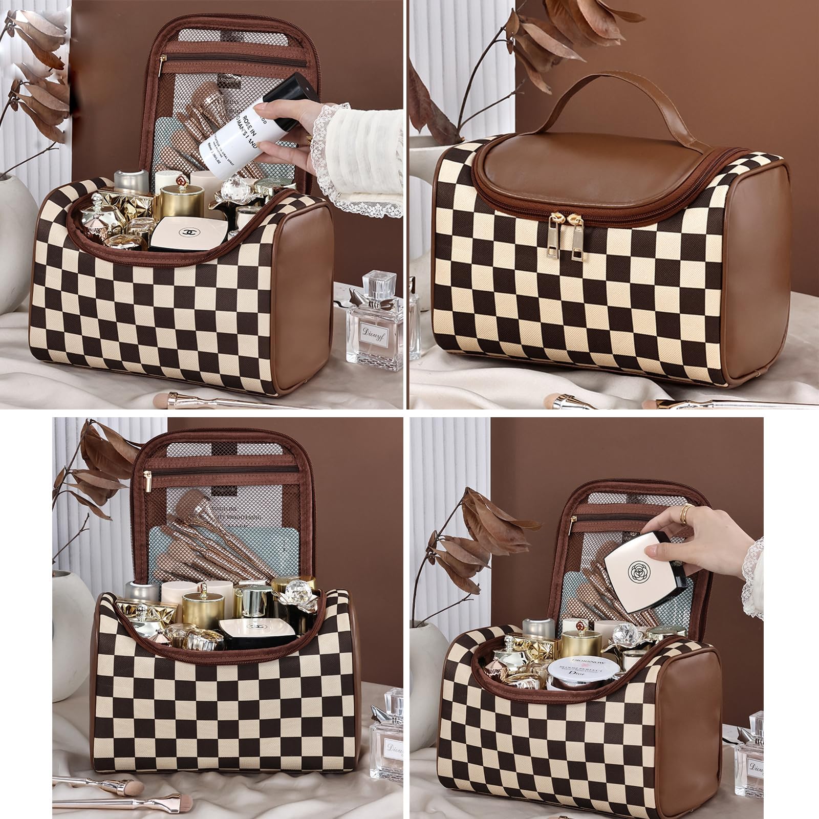 FEEZUSH Makeup Bag, Travel Portable Checkered Pattern Cosmetics Skincare Storage Bag (Brown)
