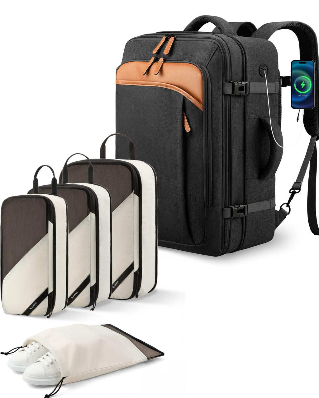 LUGGEX Large Backpack and 4 Set Compression Packing Cubes for Luggage Bundle – Travel Essentials