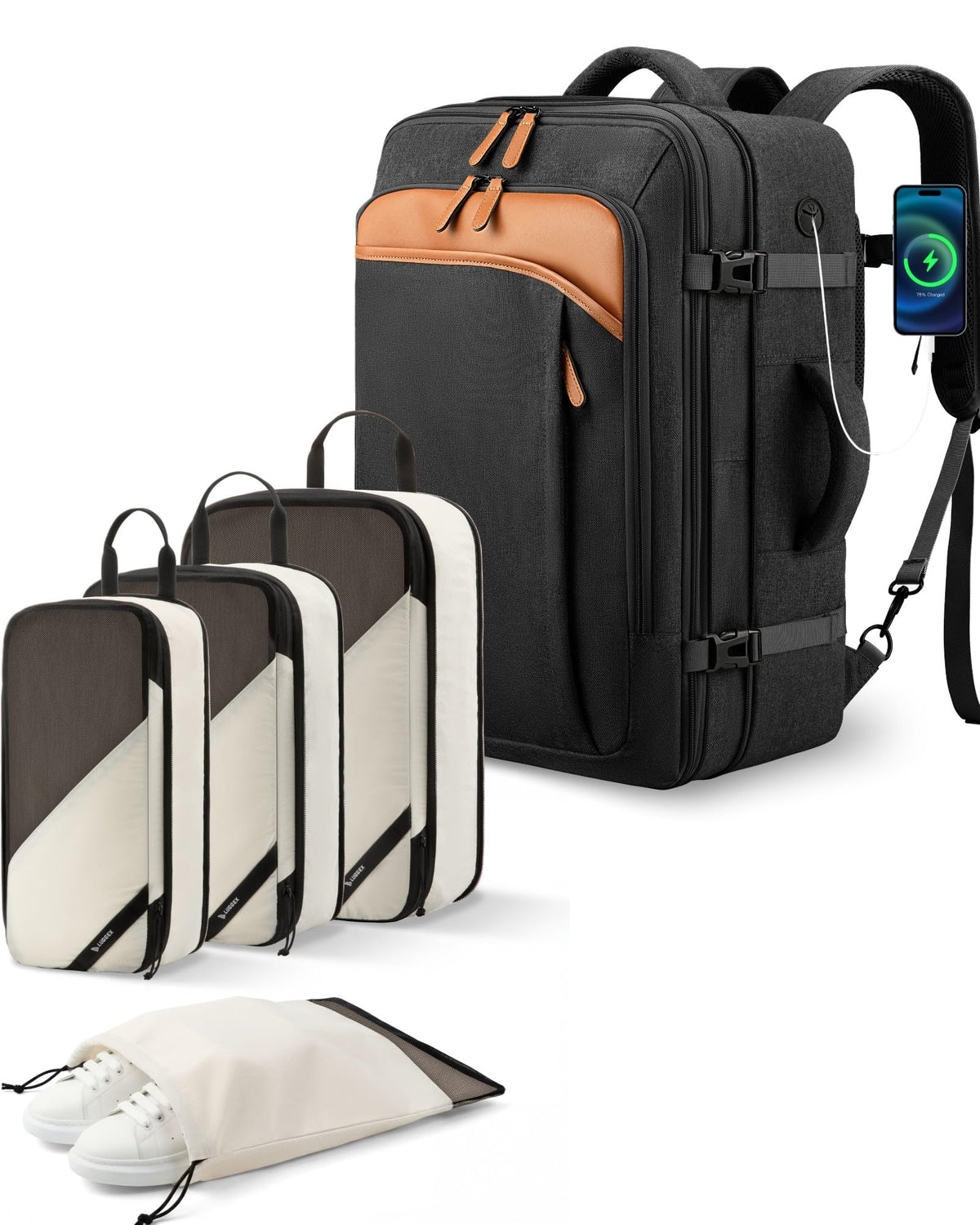 LUGGEX Large Backpack and 4 Set Compression Packing Cubes for Luggage Bundle – Travel Essentials