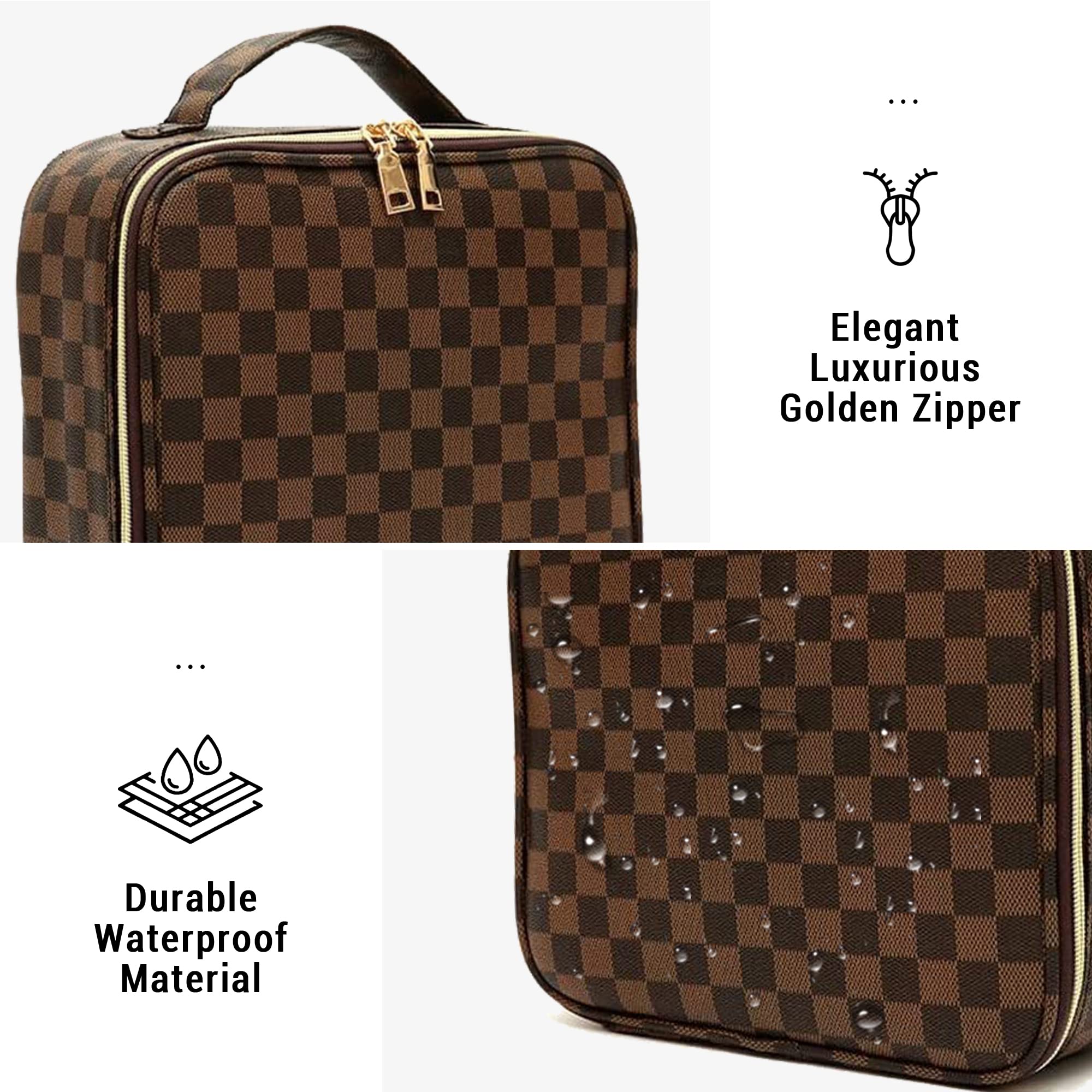 LEAFFUP Checkered Makeup Bag, Portable Makeup Bag with Adjustable Partition, Cosmetic Bags for Women Toiletry Travel Organizer Portable Make Up Bags for Christmas Birthday Gifts