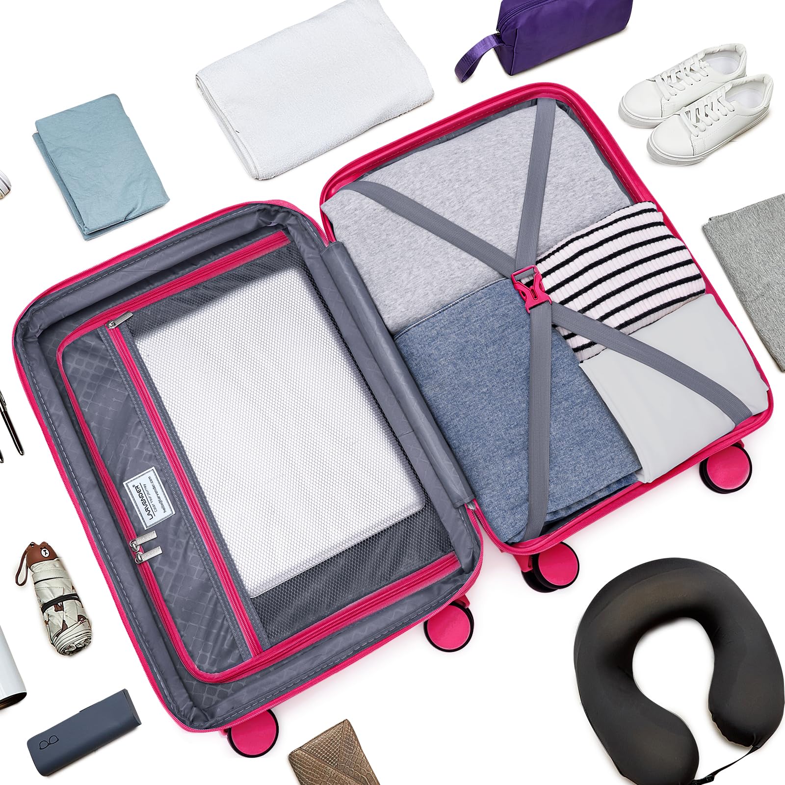 LARVENDER Carry On Luggage Set 22x14x9 Airline Approved, Expandable 20 Inch Carry-On Suitcases With Wheels, Lightweight Luggage Sets 3 Pieces With Backpack, Rose Red