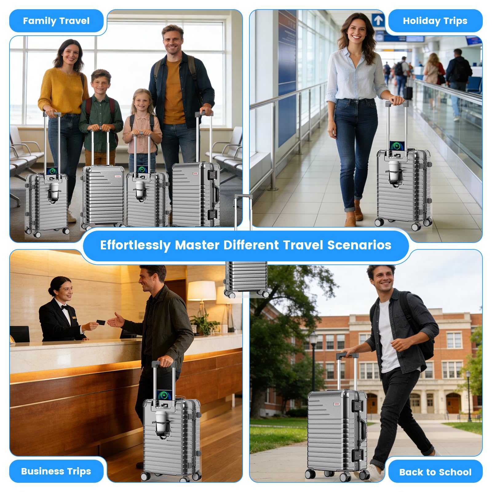 TIYFIY 20 Inch Carry on Luggage with Cup Holder, Airline Approved 22x14x9 Aluminum Frame PC Hard Shell Suitcase, 360° Spinner Wheels, TSA Lock for Short Trips and Business Travel