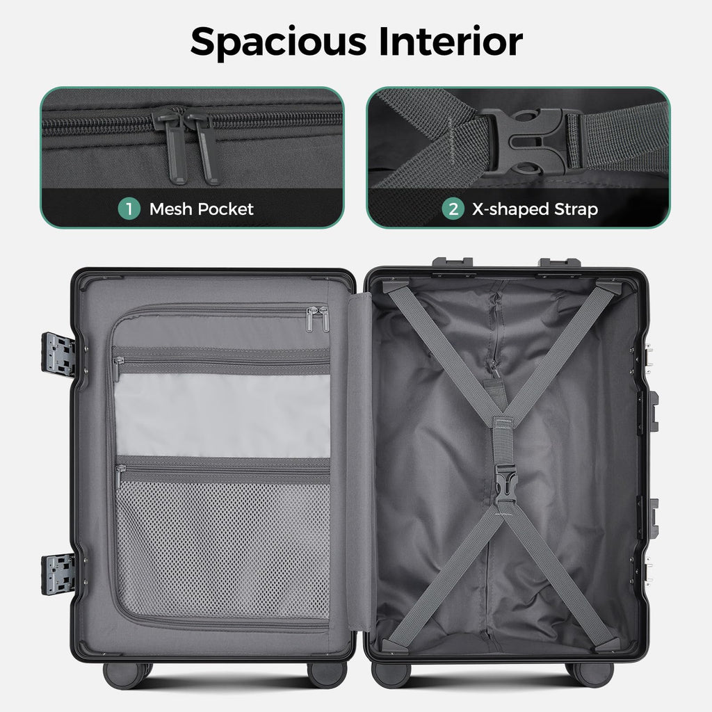 cllson Carry on Luggage Aluminium Frame with Cup Holder,Top opening Suitcases and USB Charging Port,Lightweight with Front Pocket Rolling Suitcases with Spinner Wheels (Black, 20Inch)