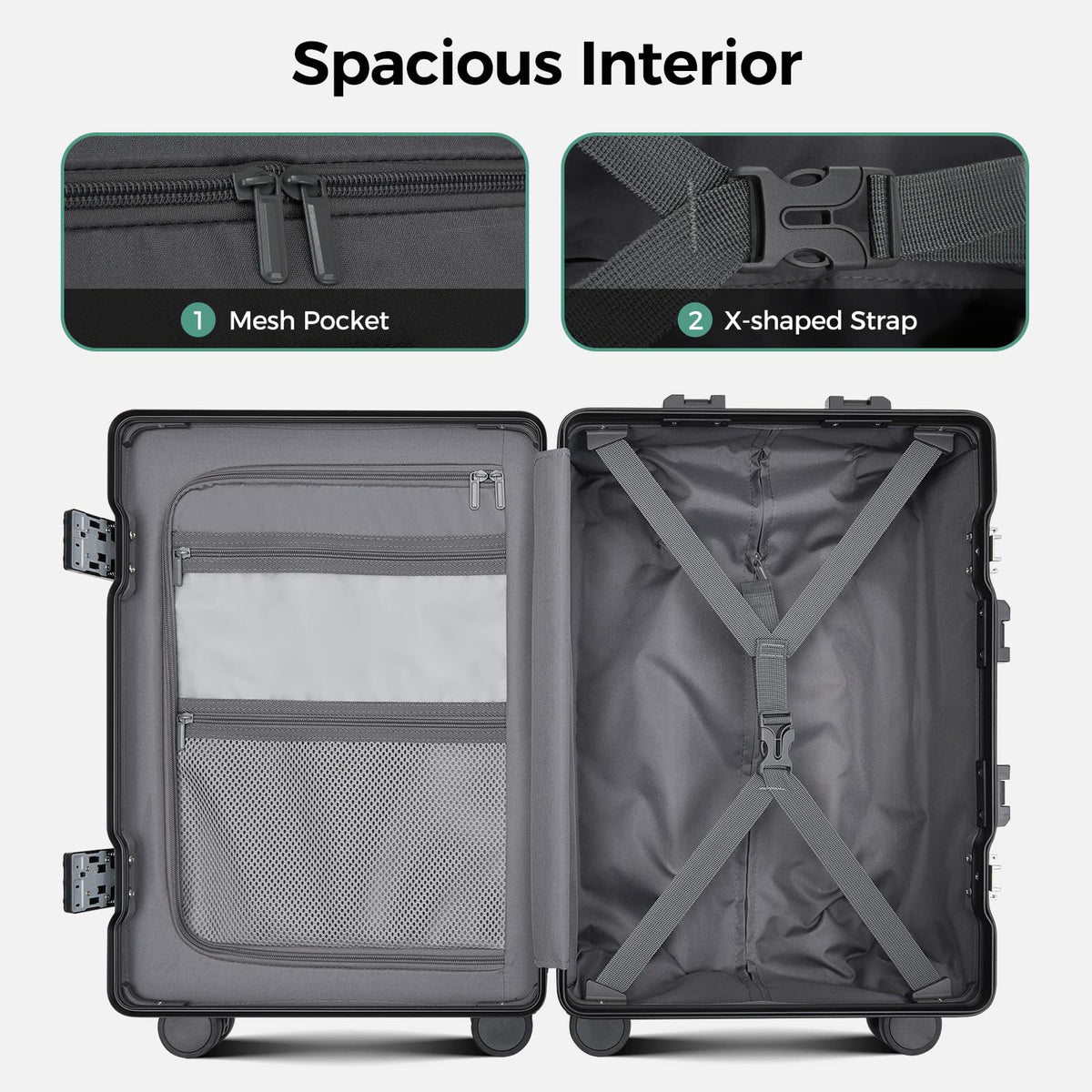 cllson Carry on Luggage Aluminium Frame with Cup Holder,Top opening Suitcases and USB Charging Port,Lightweight with Front Pocket Rolling Suitcases with Spinner Wheels (Black, 20Inch)