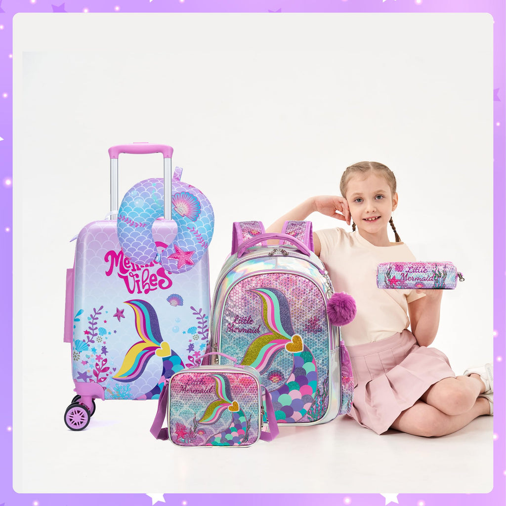 Inprof Cute Pink Mermaid Kid’s Luggage Set 5 Piece Suitcase Set 16’’ Hardside Luggage with Spinner Wheels Girls Boys Carry on Toddler Luggage Travel Rolling Luggage Carry on Luggage Airline Approved