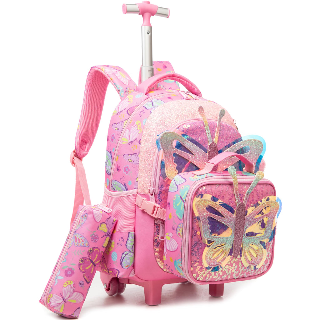Meetbelify Rolling Backpack for Girls Backpacks with Wheels for Elementary Preschool Students 3 in 1 Carry on Travel Luggage Kids Suitcase with Lunch Box Pencil Case for Girls Age 8-10