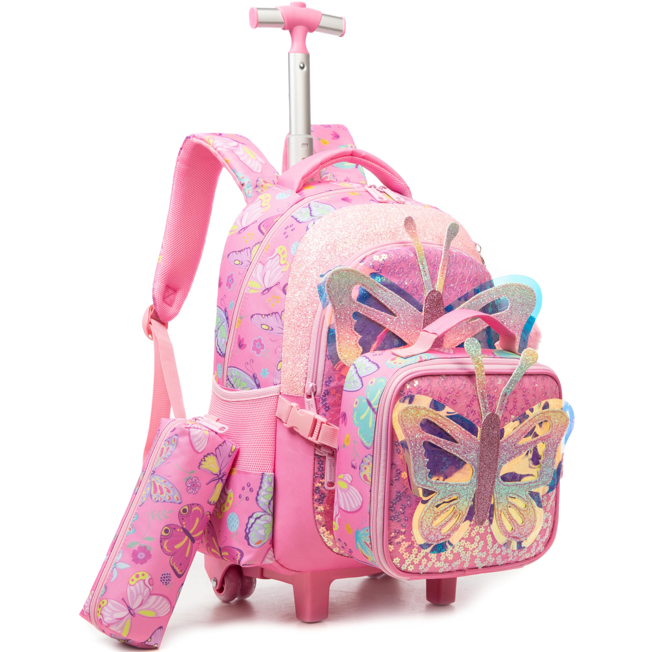 Meetbelify Rolling Backpack for Girls Backpacks with Wheels for Elementary Preschool Students 3 in 1 Carry on Travel Luggage Kids Suitcase with Lunch Box Pencil Case for Girls Age 8-10