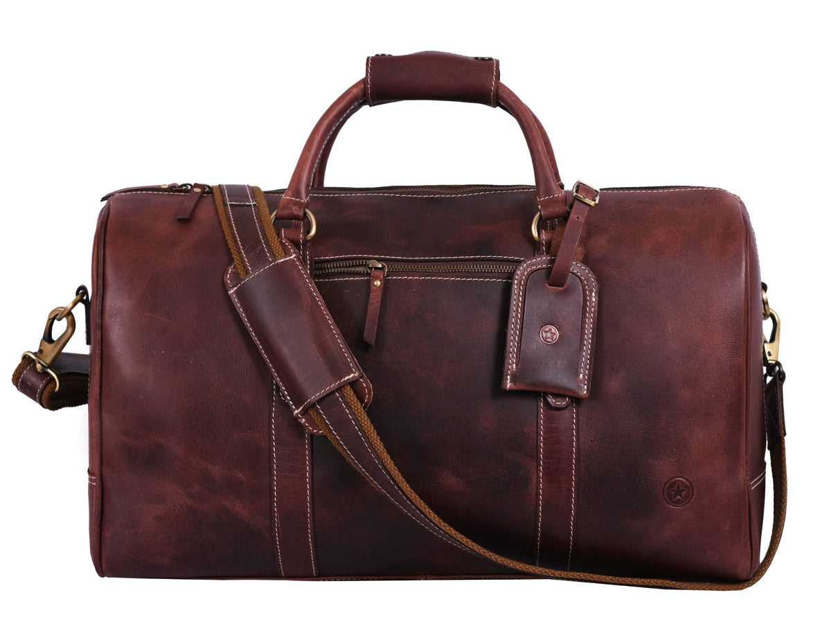 Aaron Leather Duffle Bag for Men & Women, 30L Travel Overnight Weekender Garment Duffel Bags, Carry On Mens Weekend Bag for Business, Traveling, Luggage Bag - Walnut