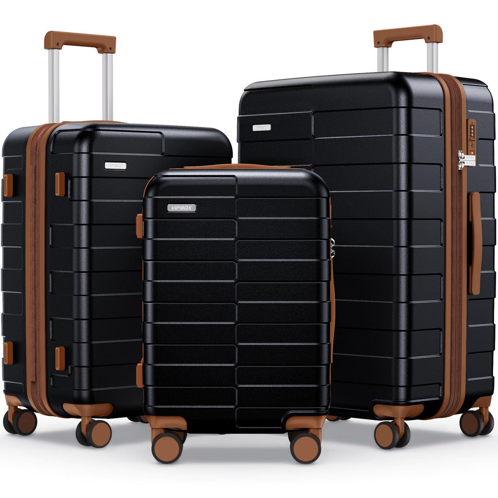 Vipbox Luggage Sets 3 Piece (3-YEARS VIP SERVICE) Hardshell Expandable Lightweight Ultra Durable 100% PC Carry On Travel Suitcase Set with TSA Lock Spinner Wheels, Premium Black