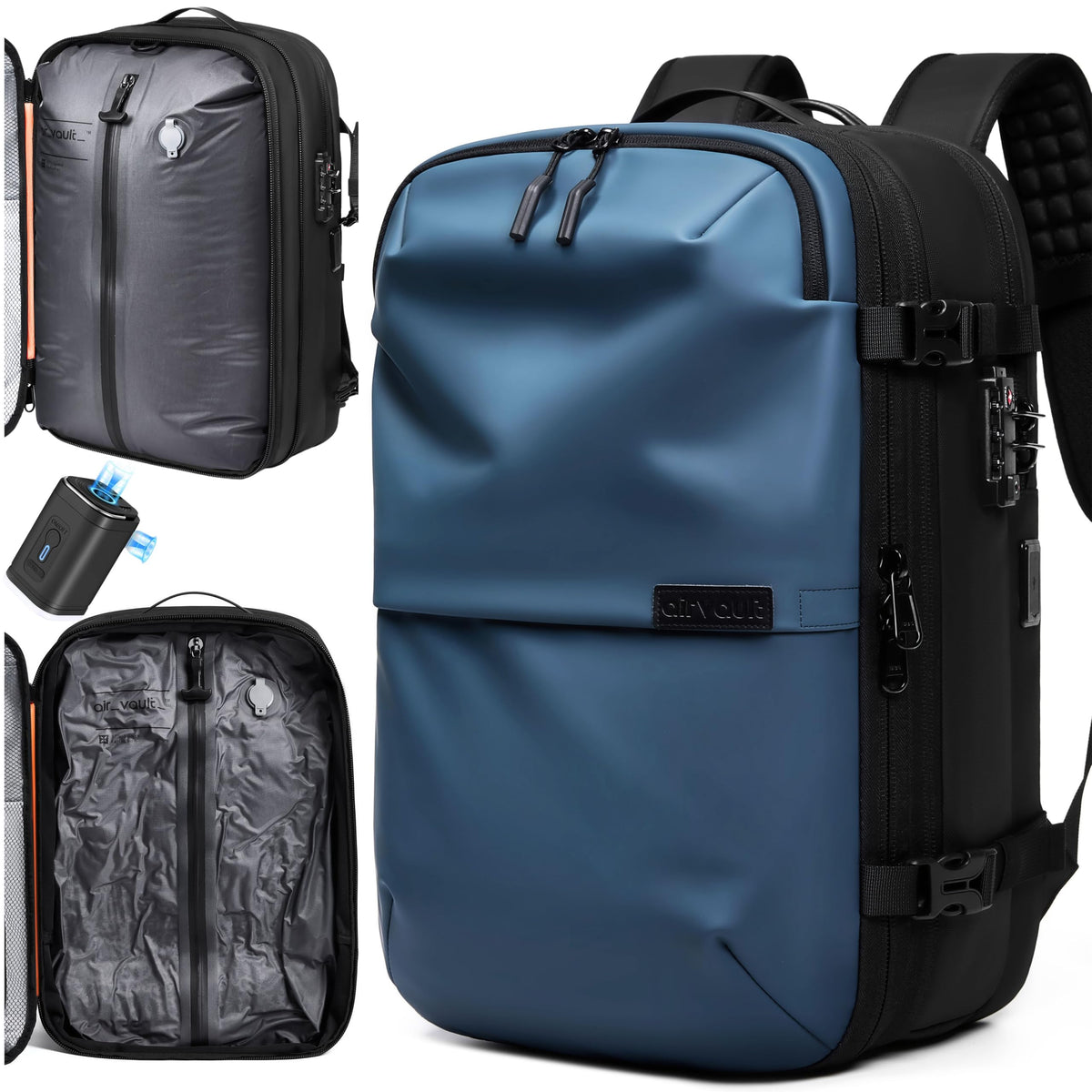 AirVault Vacuum Seal Travel Backpack 60L with Expandable HyperSeal Air Compression Vacuum System Water Resistant TSA Lock (Vacuum Pump Included, Blue, 60L)