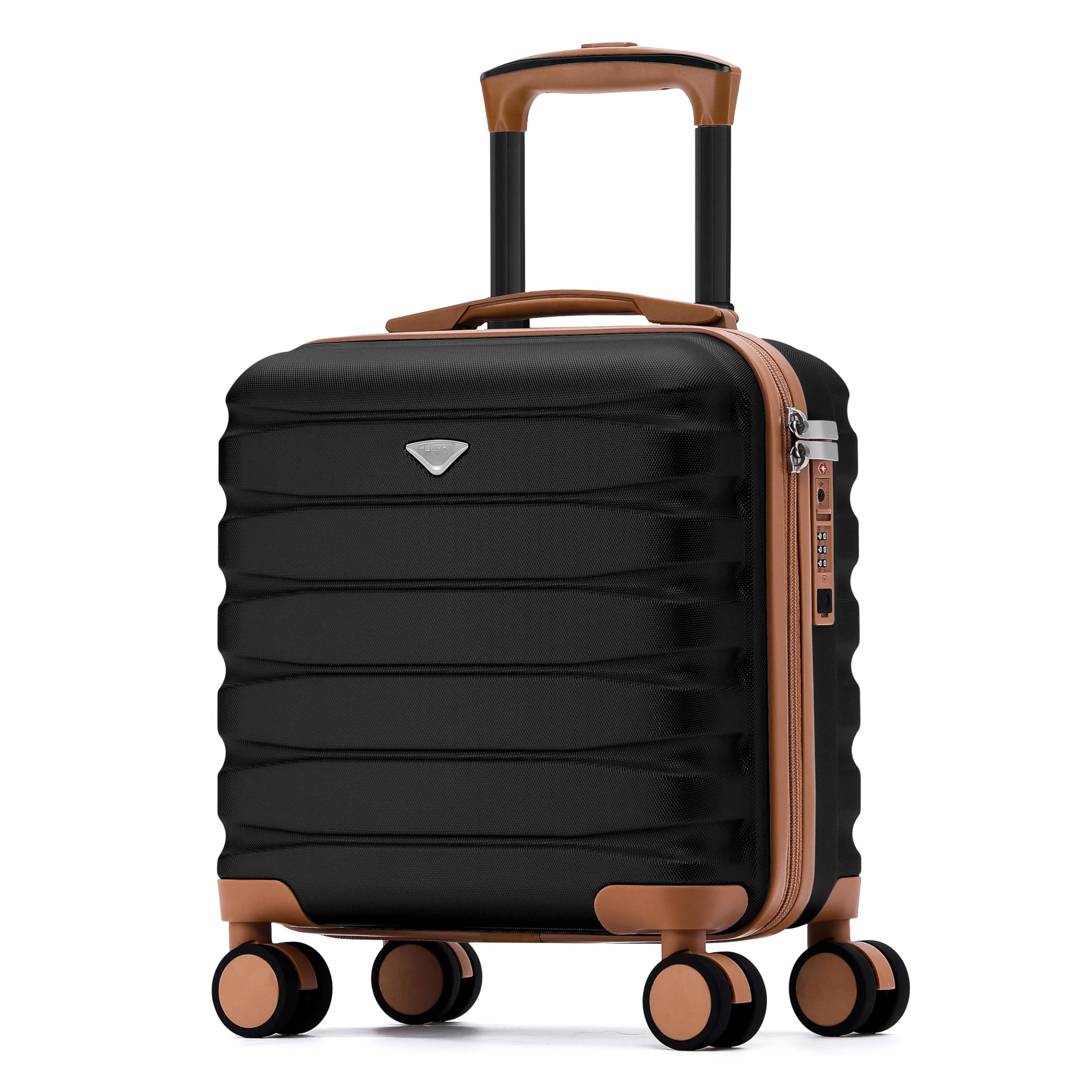 Flight Knight Carry On Suitcase 16.25x13.5x8 Hardside TSA Lock USB Port Lightweight Luggage Silent Double Spinner Wheels Maximum Underseat Carry-On Bag For Virgin South West Approved Black/Tan