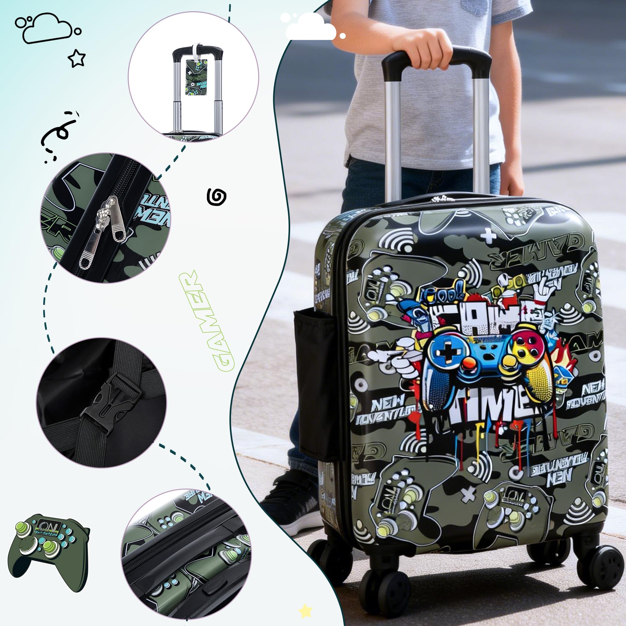 Rosamo Kid’s Luggage Set 6 Piece Suitcase Set 16" Hardside Luggage with Spinner Wheels Girls Boys Carry on Luggage Travel Rolling Luggage Airline Approved (Joystick)
