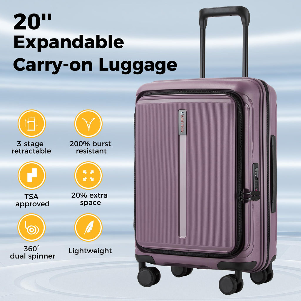 Haimyren 20“ Expandable Carry on Luggage Front Opening, 22x14x9 Airline Approved Hardshell Spinner Carry-on Suitcase with Wheels, TSA Lock, Lightweight Durable Travel Luggage (Purple, 20 inch)
