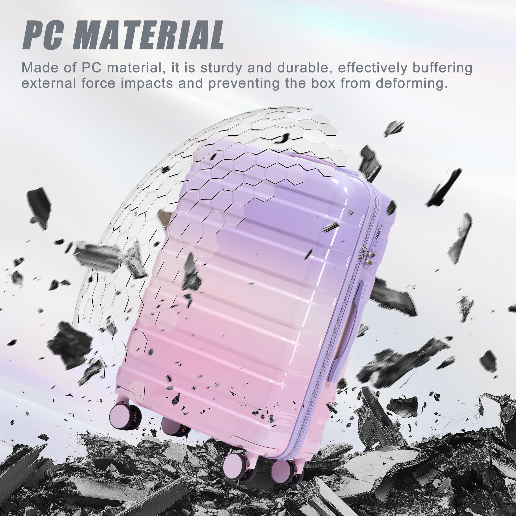 Zentrava Luggage Sets 3 Piece, Hardshell PC Luggage Set with Spinner Wheel, Lightweight Durable Carry on Suitcase with Gradient Color, Combination Lock for Men Women (Pink+Purple)